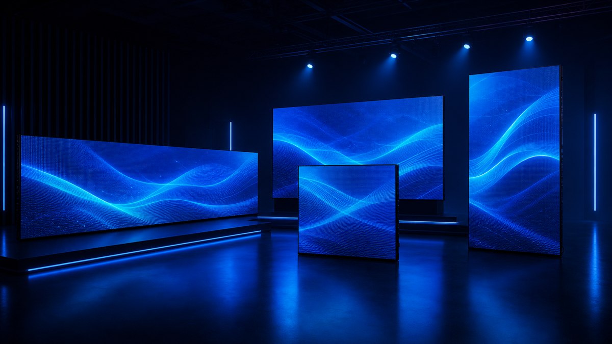 Ilustração conceitual de painéis de LED em formatos horizontal, vertical e quadrado em um estúdio azul