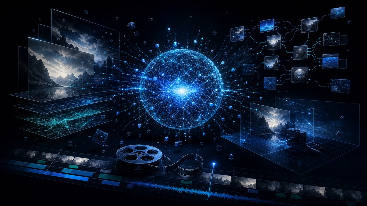 Ilustração conceitual de uma inteligência artificial conectada a imagens, composição, CGI e edição audiovisual